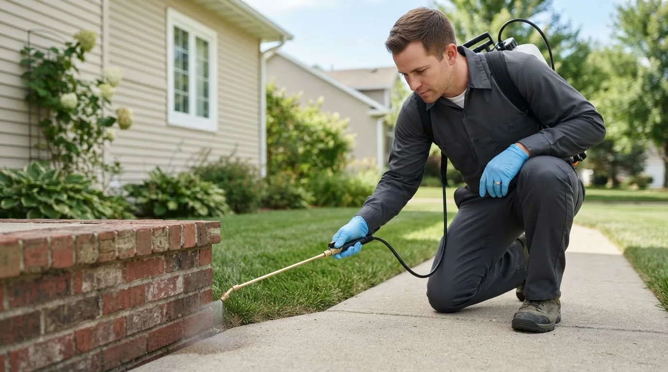 Pest control technician treating a home near Vinton, IA