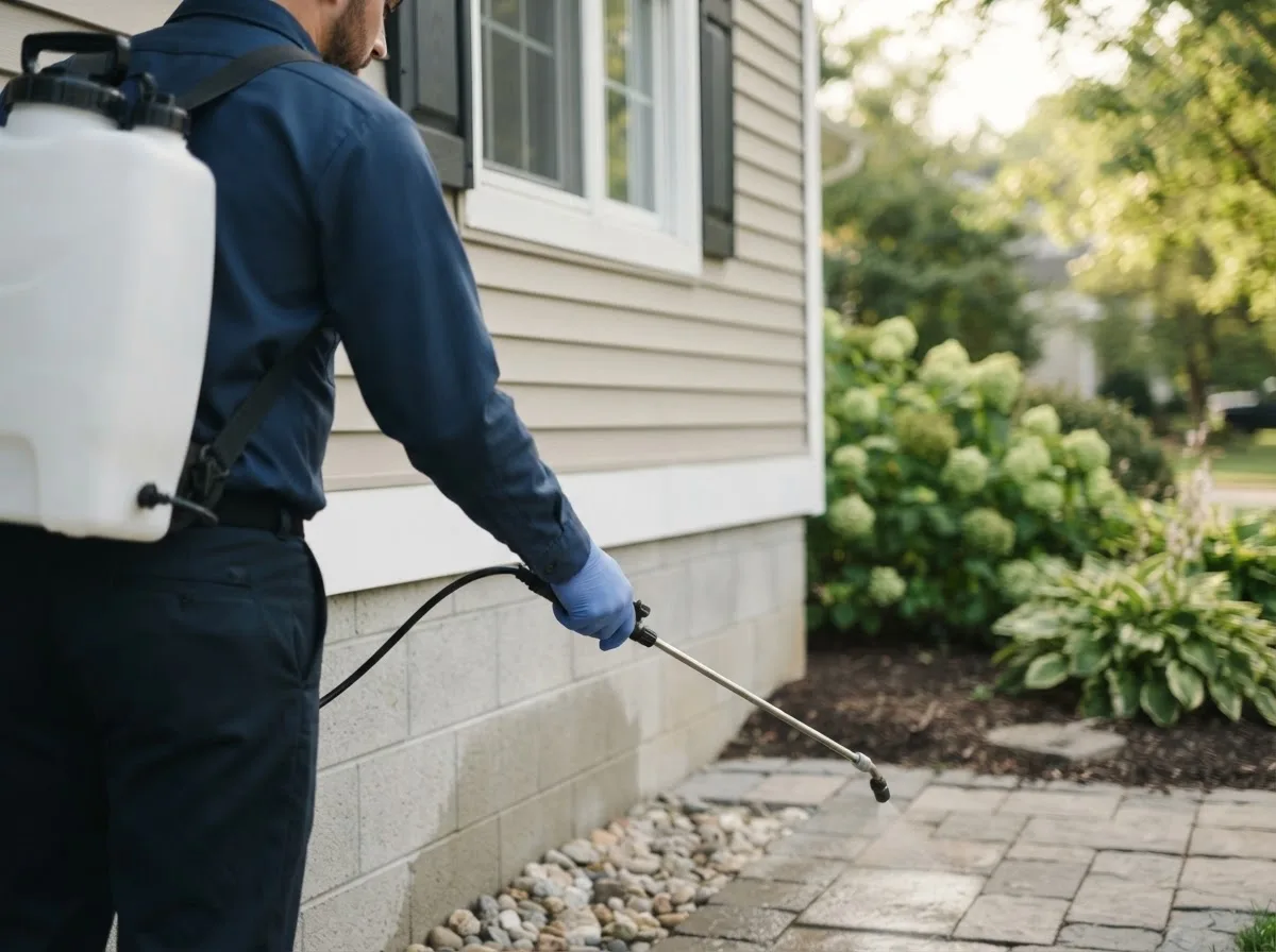 Pest control technician inspecting a home in Vinton, IA